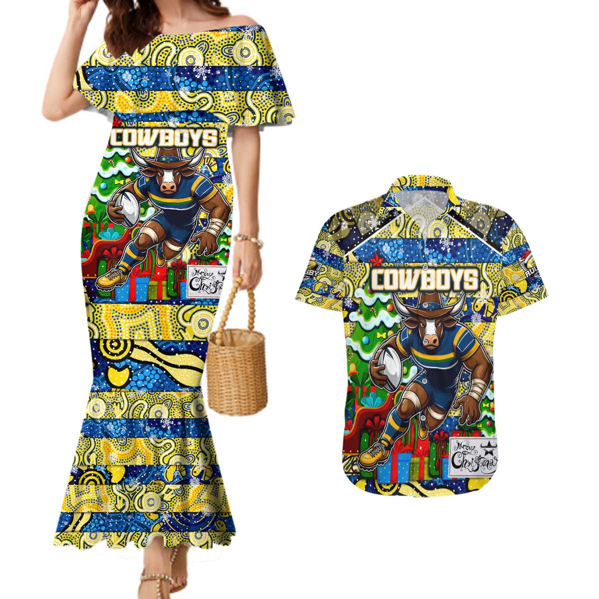 Custom Cowboys Rugby Merry Christmas Couples Matching Mermaid Dress and Hawaiian Shirt Indigenous Australian Art