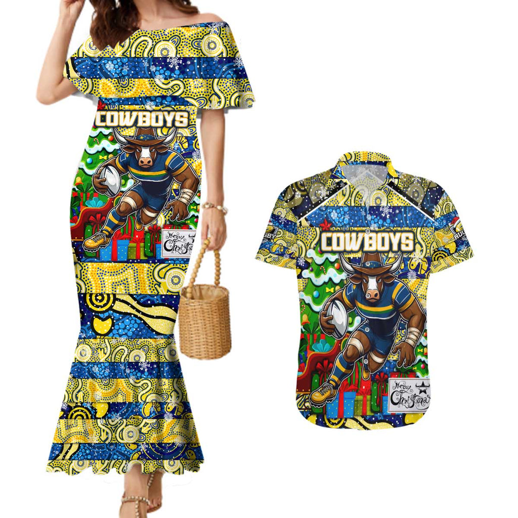 Custom Cowboys Rugby Merry Christmas Couples Matching Mermaid Dress and Hawaiian Shirt Indigenous Australian Art