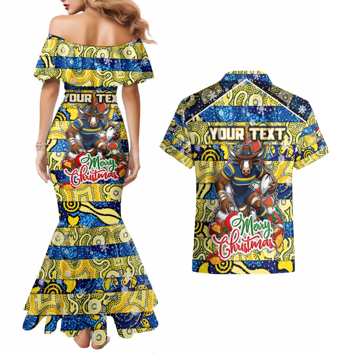 Custom Cowboys Rugby Merry Christmas Couples Matching Mermaid Dress and Hawaiian Shirt Indigenous Australian Art