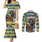 Custom Cowboys Rugby Merry Christmas Couples Matching Mermaid Dress and Long Sleeve Button Shirt Indigenous Australian Art