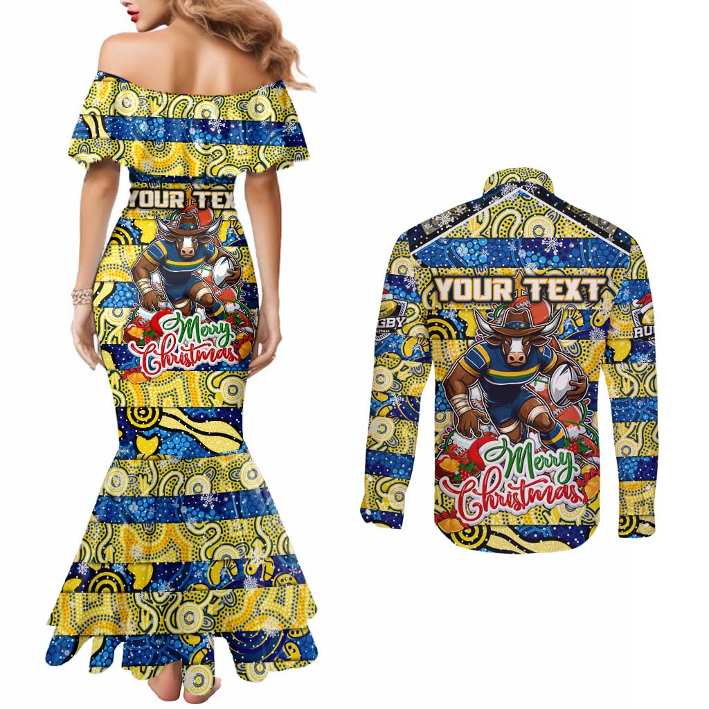 Custom Cowboys Rugby Merry Christmas Couples Matching Mermaid Dress and Long Sleeve Button Shirt Indigenous Australian Art
