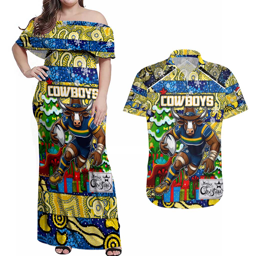 Custom Cowboys Rugby Merry Christmas Couples Matching Off Shoulder Maxi Dress and Hawaiian Shirt Indigenous Australian Art