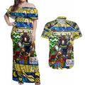 Custom Cowboys Rugby Merry Christmas Couples Matching Off Shoulder Maxi Dress and Hawaiian Shirt Indigenous Australian Art