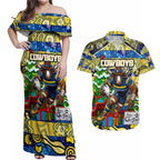 Custom Cowboys Rugby Merry Christmas Couples Matching Off Shoulder Maxi Dress and Hawaiian Shirt Indigenous Australian Art