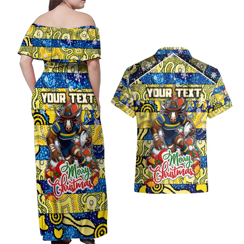 Custom Cowboys Rugby Merry Christmas Couples Matching Off Shoulder Maxi Dress and Hawaiian Shirt Indigenous Australian Art