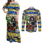 Custom Cowboys Rugby Merry Christmas Couples Matching Off Shoulder Maxi Dress and Long Sleeve Button Shirt Indigenous Australian Art