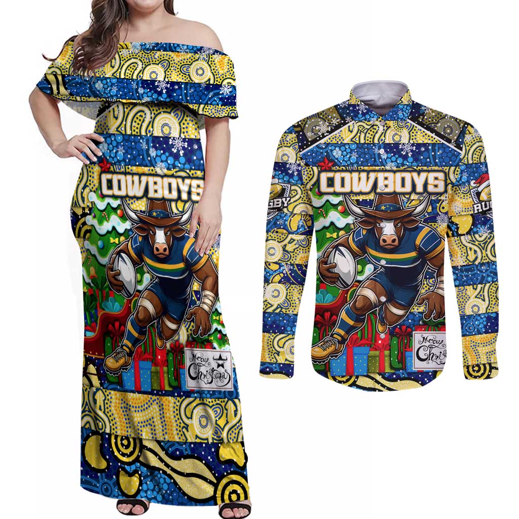 Custom Cowboys Rugby Merry Christmas Couples Matching Off Shoulder Maxi Dress and Long Sleeve Button Shirt Indigenous Australian Art