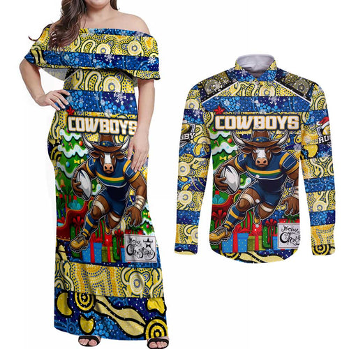 Custom Cowboys Rugby Merry Christmas Couples Matching Off Shoulder Maxi Dress and Long Sleeve Button Shirt Indigenous Australian Art