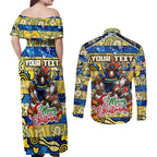 Custom Cowboys Rugby Merry Christmas Couples Matching Off Shoulder Maxi Dress and Long Sleeve Button Shirt Indigenous Australian Art
