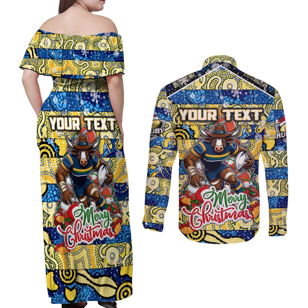 Custom Cowboys Rugby Merry Christmas Couples Matching Off Shoulder Maxi Dress and Long Sleeve Button Shirt Indigenous Australian Art
