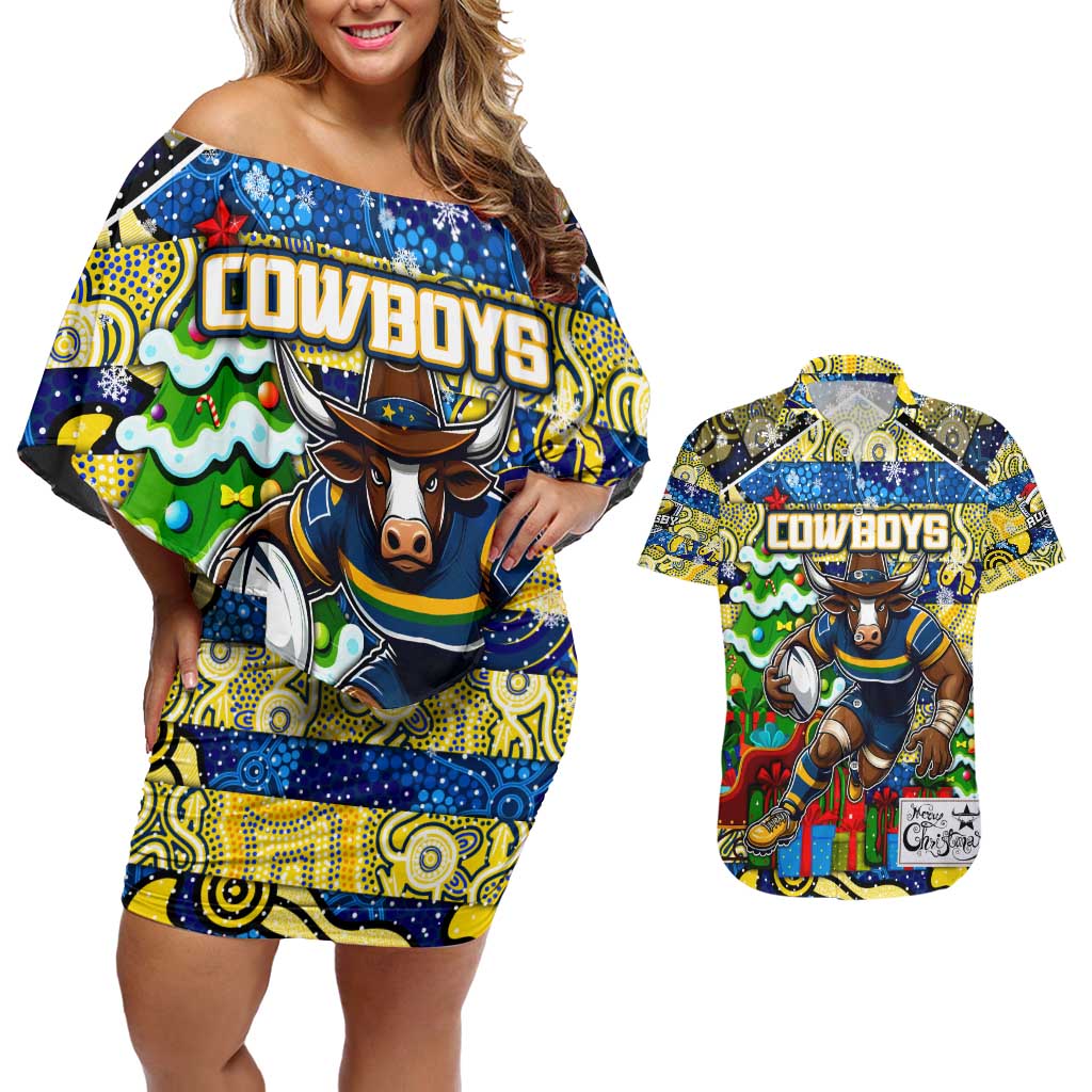 Custom Cowboys Rugby Merry Christmas Couples Matching Off Shoulder Short Dress and Hawaiian Shirt Indigenous Australian Art