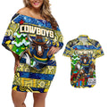 Custom Cowboys Rugby Merry Christmas Couples Matching Off Shoulder Short Dress and Hawaiian Shirt Indigenous Australian Art