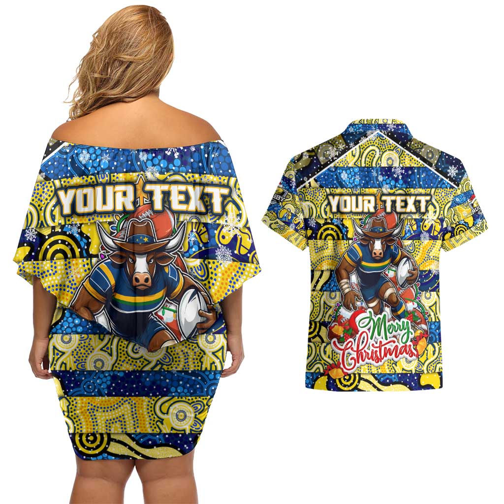 Custom Cowboys Rugby Merry Christmas Couples Matching Off Shoulder Short Dress and Hawaiian Shirt Indigenous Australian Art