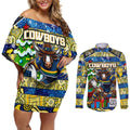 Custom Cowboys Rugby Merry Christmas Couples Matching Off Shoulder Short Dress and Long Sleeve Button Shirt Indigenous Australian Art