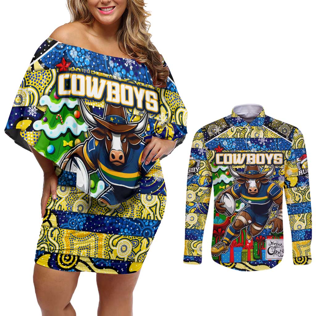 Custom Cowboys Rugby Merry Christmas Couples Matching Off Shoulder Short Dress and Long Sleeve Button Shirt Indigenous Australian Art