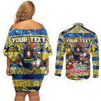 Custom Cowboys Rugby Merry Christmas Couples Matching Off Shoulder Short Dress and Long Sleeve Button Shirt Indigenous Australian Art