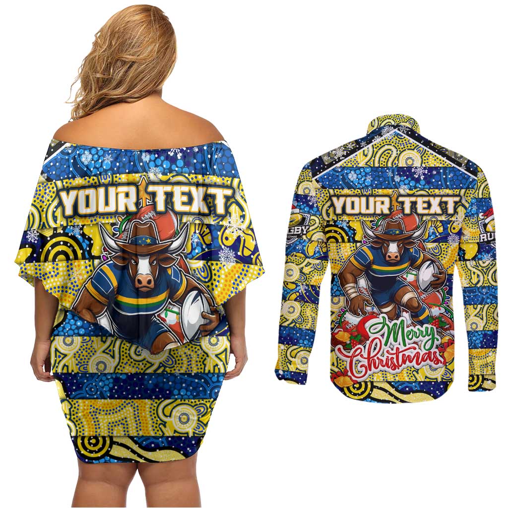 Custom Cowboys Rugby Merry Christmas Couples Matching Off Shoulder Short Dress and Long Sleeve Button Shirt Indigenous Australian Art