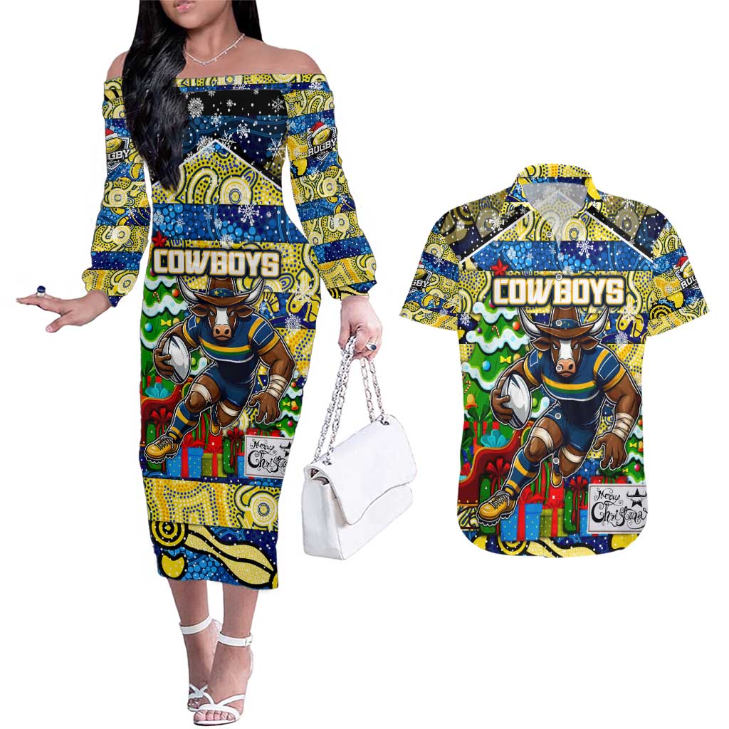 Custom Cowboys Rugby Merry Christmas Couples Matching Off The Shoulder Long Sleeve Dress and Hawaiian Shirt Indigenous Australian Art