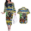 Custom Cowboys Rugby Merry Christmas Couples Matching Off The Shoulder Long Sleeve Dress and Hawaiian Shirt Indigenous Australian Art