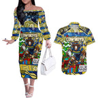 Custom Cowboys Rugby Merry Christmas Couples Matching Off The Shoulder Long Sleeve Dress and Hawaiian Shirt Indigenous Australian Art