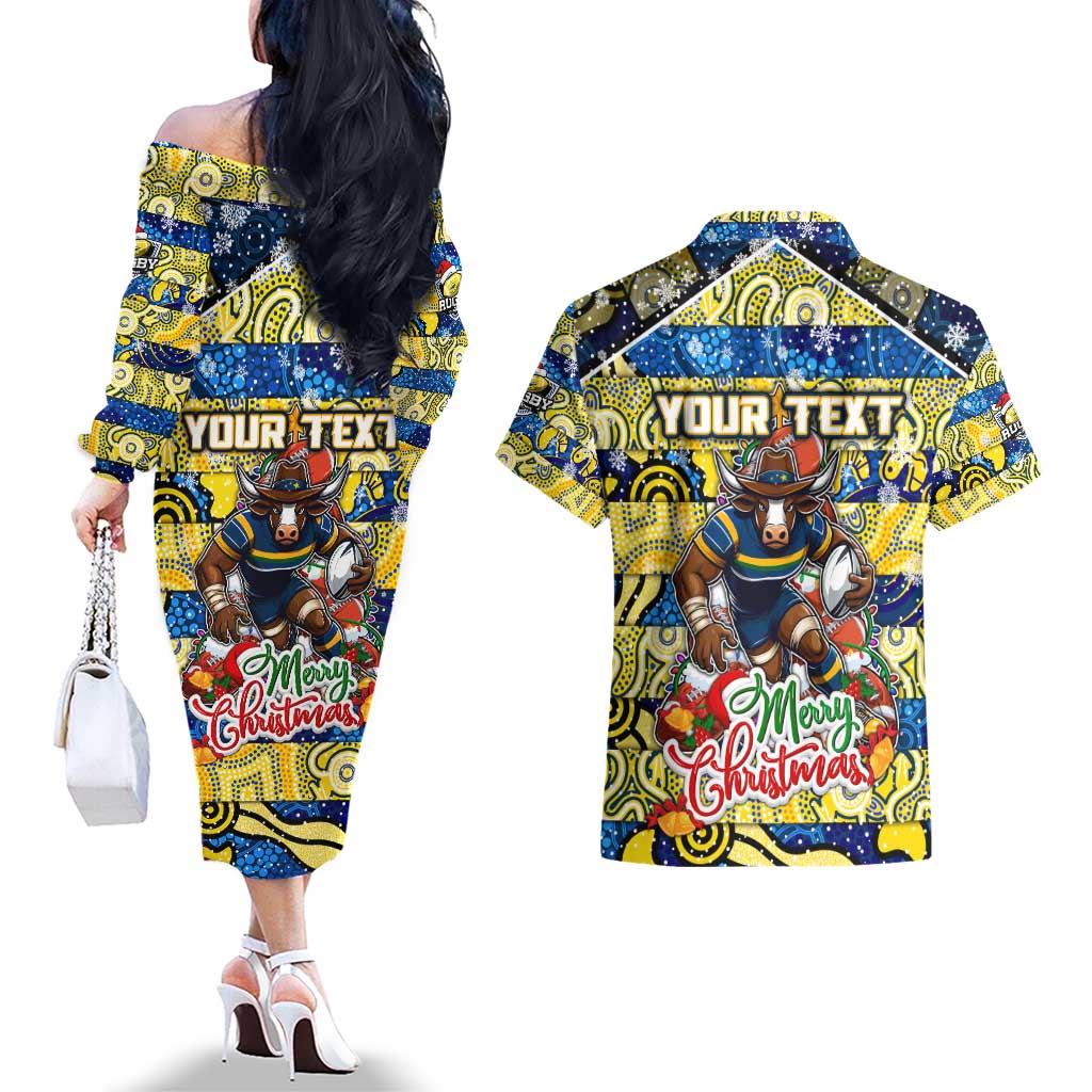 Custom Cowboys Rugby Merry Christmas Couples Matching Off The Shoulder Long Sleeve Dress and Hawaiian Shirt Indigenous Australian Art