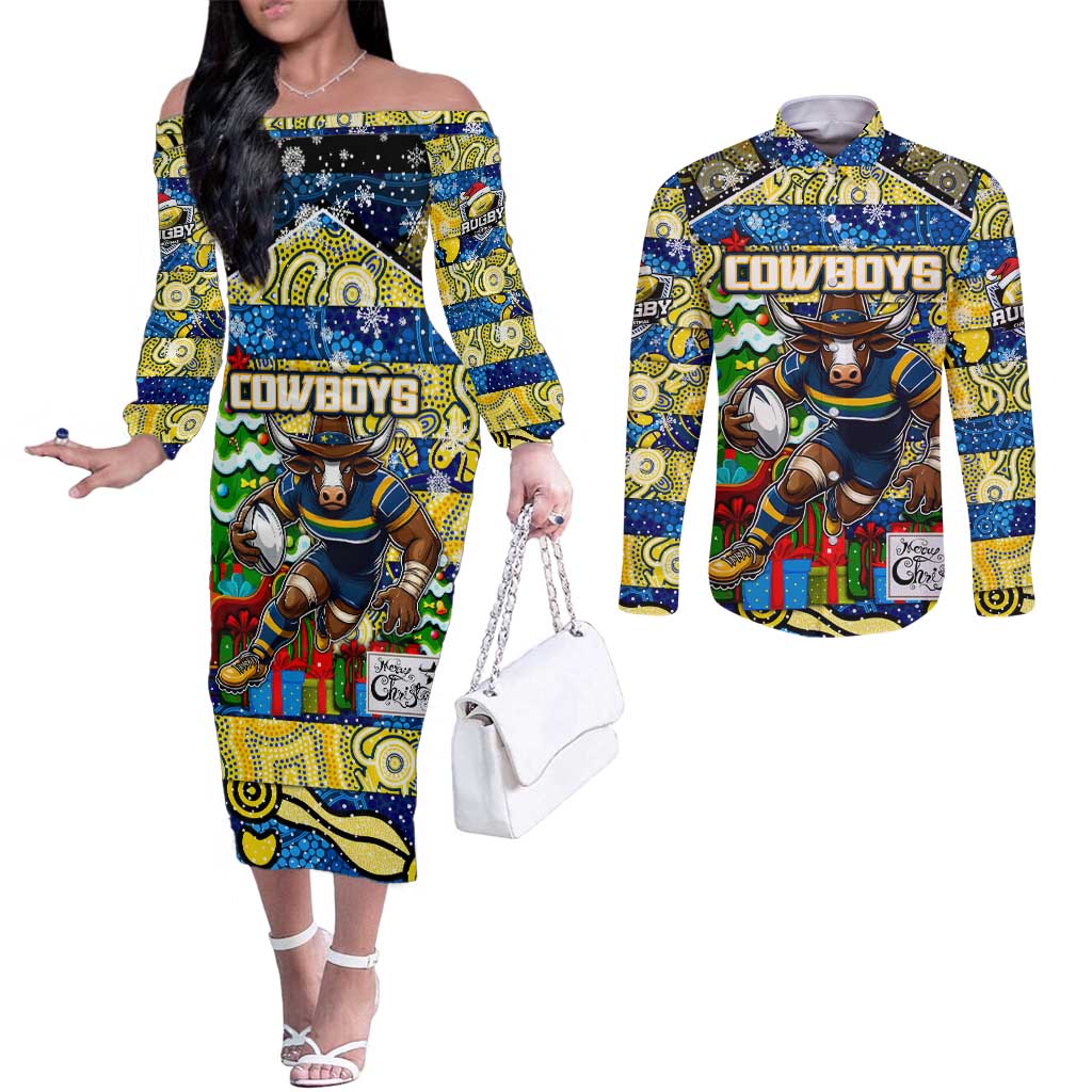 Custom Cowboys Rugby Merry Christmas Couples Matching Off The Shoulder Long Sleeve Dress and Long Sleeve Button Shirt Indigenous Australian Art