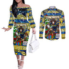 Custom Cowboys Rugby Merry Christmas Couples Matching Off The Shoulder Long Sleeve Dress and Long Sleeve Button Shirt Indigenous Australian Art