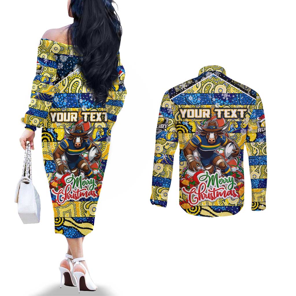 Custom Cowboys Rugby Merry Christmas Couples Matching Off The Shoulder Long Sleeve Dress and Long Sleeve Button Shirt Indigenous Australian Art