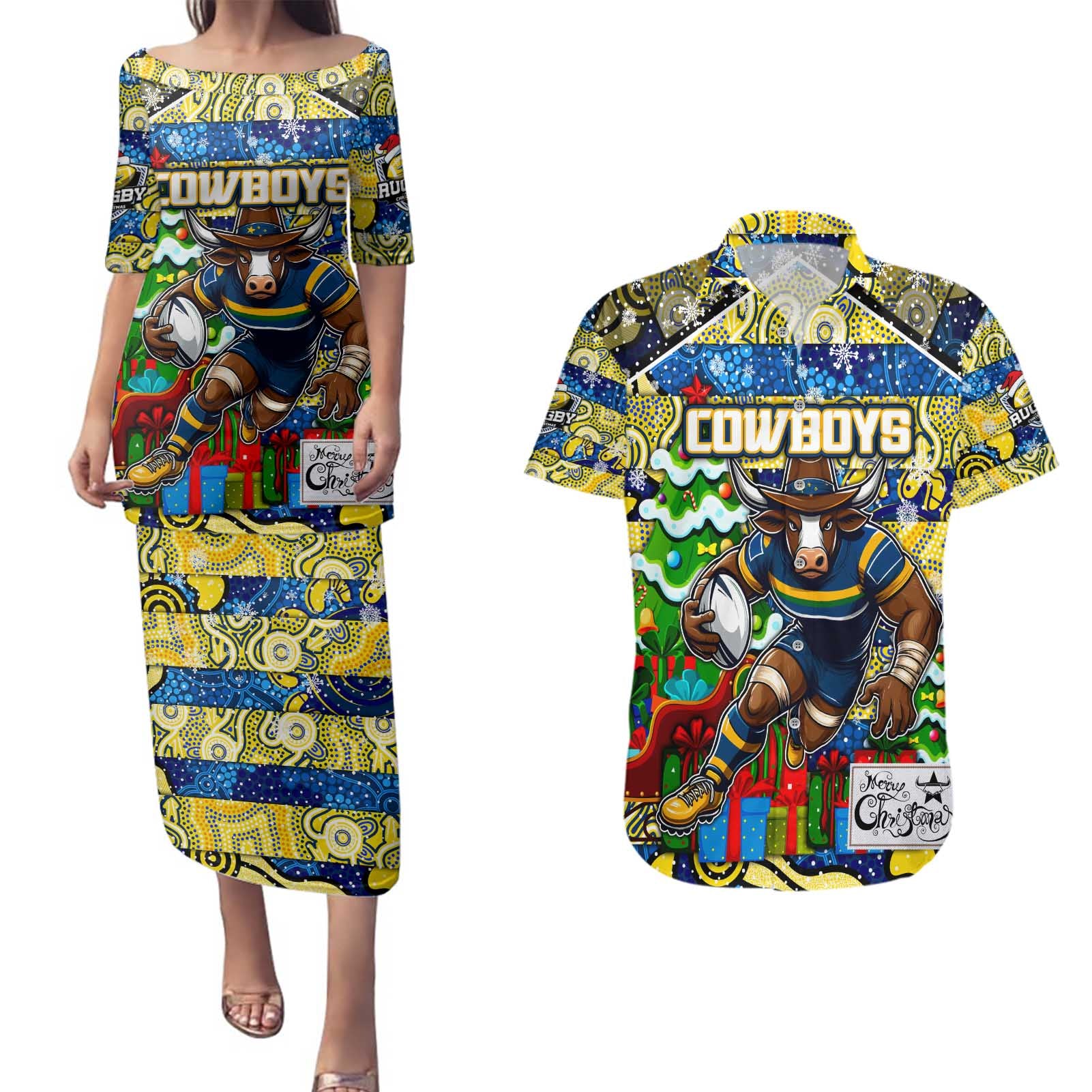 Custom Cowboys Rugby Merry Christmas Couples Matching Puletasi and Hawaiian Shirt Indigenous Australian Art