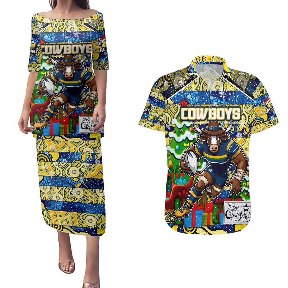 Custom Cowboys Rugby Merry Christmas Couples Matching Puletasi and Hawaiian Shirt Indigenous Australian Art