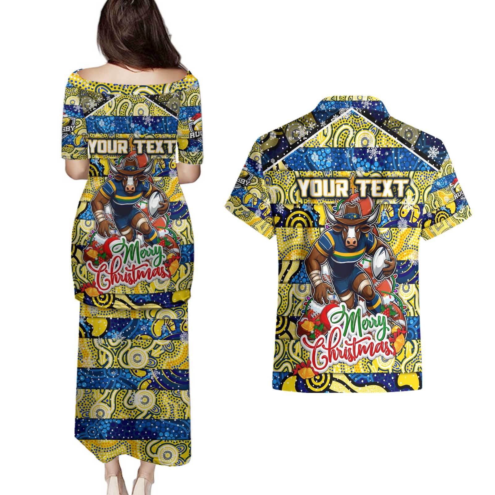 Custom Cowboys Rugby Merry Christmas Couples Matching Puletasi and Hawaiian Shirt Indigenous Australian Art