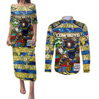 Custom Cowboys Rugby Merry Christmas Couples Matching Puletasi and Long Sleeve Button Shirt Indigenous Australian Art