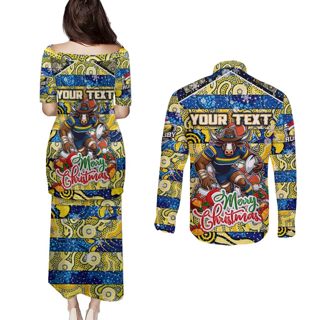 Custom Cowboys Rugby Merry Christmas Couples Matching Puletasi and Long Sleeve Button Shirt Indigenous Australian Art