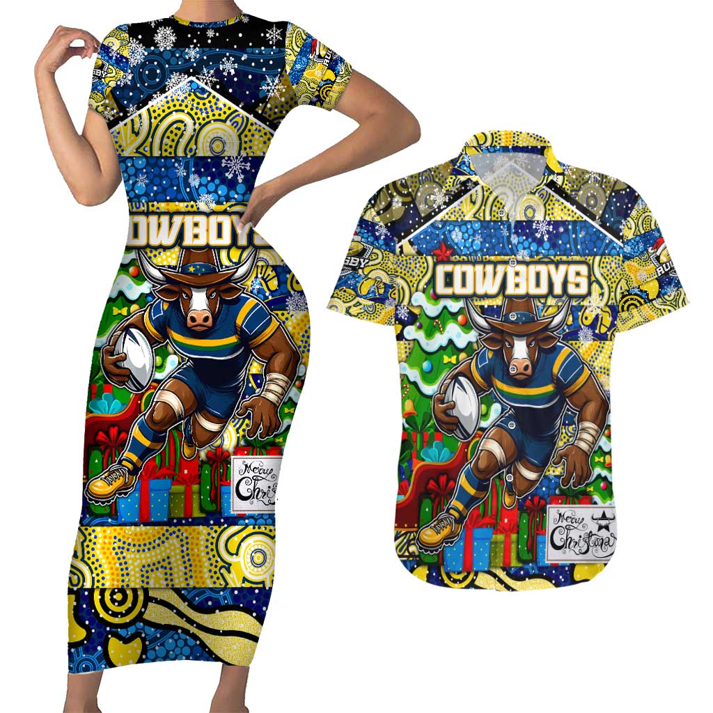 Custom Cowboys Rugby Merry Christmas Couples Matching Short Sleeve Bodycon Dress and Hawaiian Shirt Indigenous Australian Art