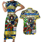 Custom Cowboys Rugby Merry Christmas Couples Matching Short Sleeve Bodycon Dress and Hawaiian Shirt Indigenous Australian Art