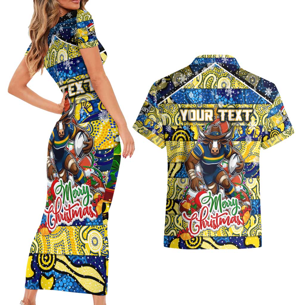 Custom Cowboys Rugby Merry Christmas Couples Matching Short Sleeve Bodycon Dress and Hawaiian Shirt Indigenous Australian Art