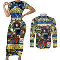Custom Cowboys Rugby Merry Christmas Couples Matching Short Sleeve Bodycon Dress and Long Sleeve Button Shirt Indigenous Australian Art