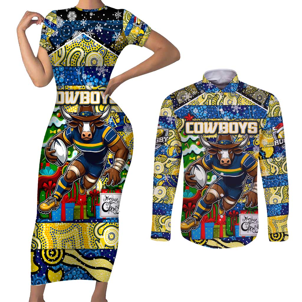 Custom Cowboys Rugby Merry Christmas Couples Matching Short Sleeve Bodycon Dress and Long Sleeve Button Shirt Indigenous Australian Art