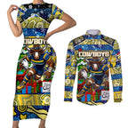 Custom Cowboys Rugby Merry Christmas Couples Matching Short Sleeve Bodycon Dress and Long Sleeve Button Shirt Indigenous Australian Art