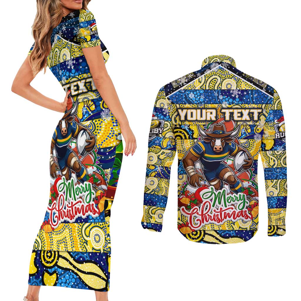 Custom Cowboys Rugby Merry Christmas Couples Matching Short Sleeve Bodycon Dress and Long Sleeve Button Shirt Indigenous Australian Art