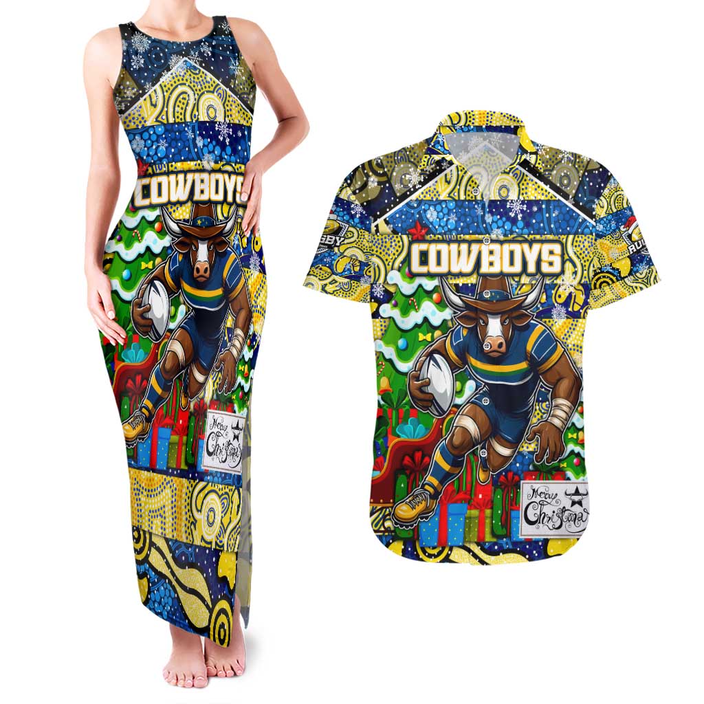Custom Cowboys Rugby Merry Christmas Couples Matching Tank Maxi Dress and Hawaiian Shirt Indigenous Australian Art