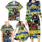 Custom Cowboys Rugby Merry Christmas Family Matching Long Sleeve Bodycon Dress and Hawaiian Shirt Indigenous Australian Art