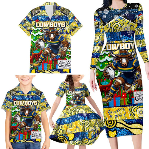 Custom Cowboys Rugby Merry Christmas Family Matching Long Sleeve Bodycon Dress and Hawaiian Shirt Indigenous Australian Art