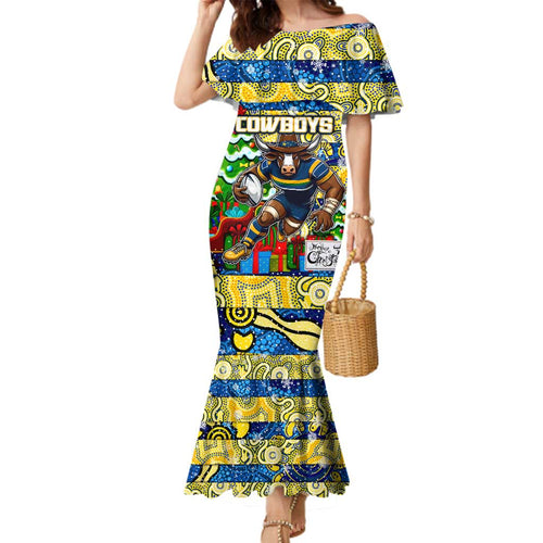Custom Cowboys Rugby Merry Christmas Family Matching Mermaid Dress and Hawaiian Shirt Indigenous Australian Art