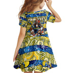 Custom Cowboys Rugby Merry Christmas Family Matching Off The Shoulder Long Sleeve Dress and Hawaiian Shirt Indigenous Australian Art
