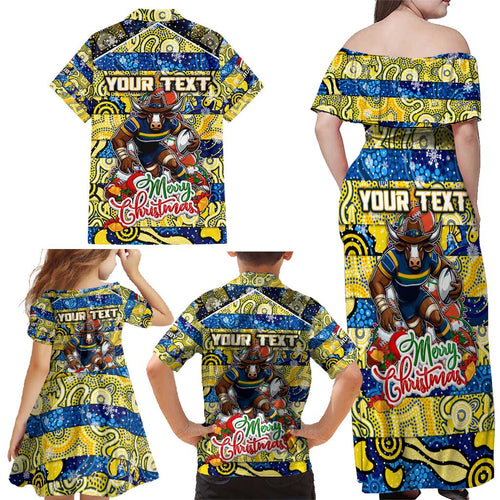 Custom Cowboys Rugby Merry Christmas Family Matching Off Shoulder Maxi Dress and Hawaiian Shirt Indigenous Australian Art