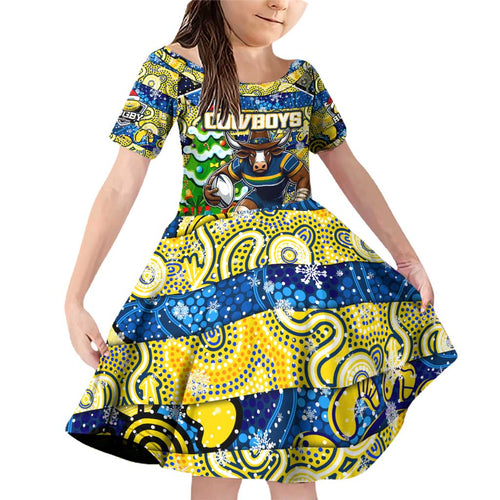 Custom Cowboys Rugby Merry Christmas Family Matching Off Shoulder Short Dress and Hawaiian Shirt Indigenous Australian Art