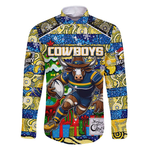 Custom Cowboys Rugby Merry Christmas Family Matching Off Shoulder Short Dress and Hawaiian Shirt Indigenous Australian Art