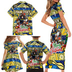 Custom Cowboys Rugby Merry Christmas Family Matching Short Sleeve Bodycon Dress and Hawaiian Shirt Indigenous Australian Art