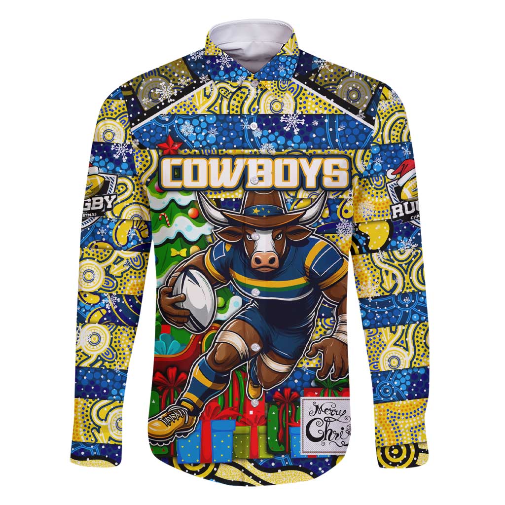 Custom Cowboys Rugby Merry Christmas Family Matching Short Sleeve Bodycon Dress and Hawaiian Shirt Indigenous Australian Art